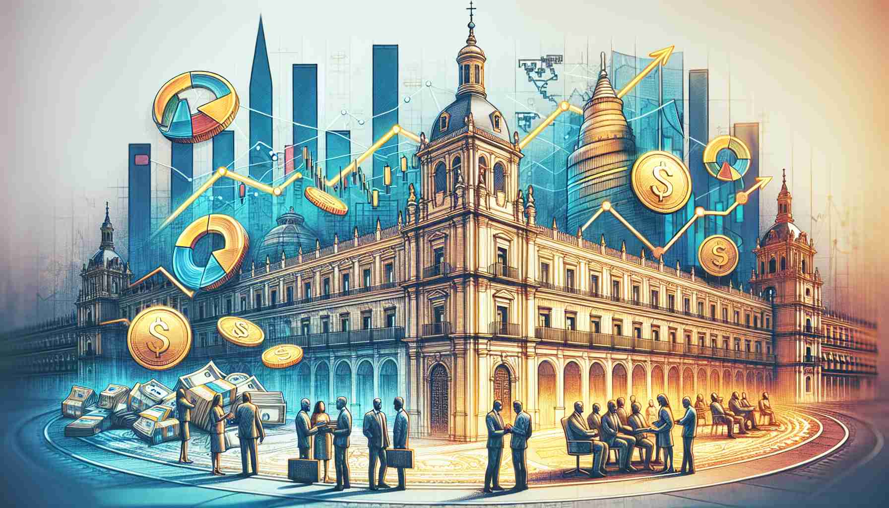 High-definition, realistic image of a figurative representation of new investment opportunities emerging in Spain. Show elements of traditional Spanish architecture in the backdrop, with the foreground featuring symbols of flourishing commerce, such as graphs, charts, cash, and gold coins. Add the outlines of diverse people discussing and exchanging ideas to illustrate various stakeholders. Please apply a vibrant, optimistic color palette to signify the promising nature of these opportunities.