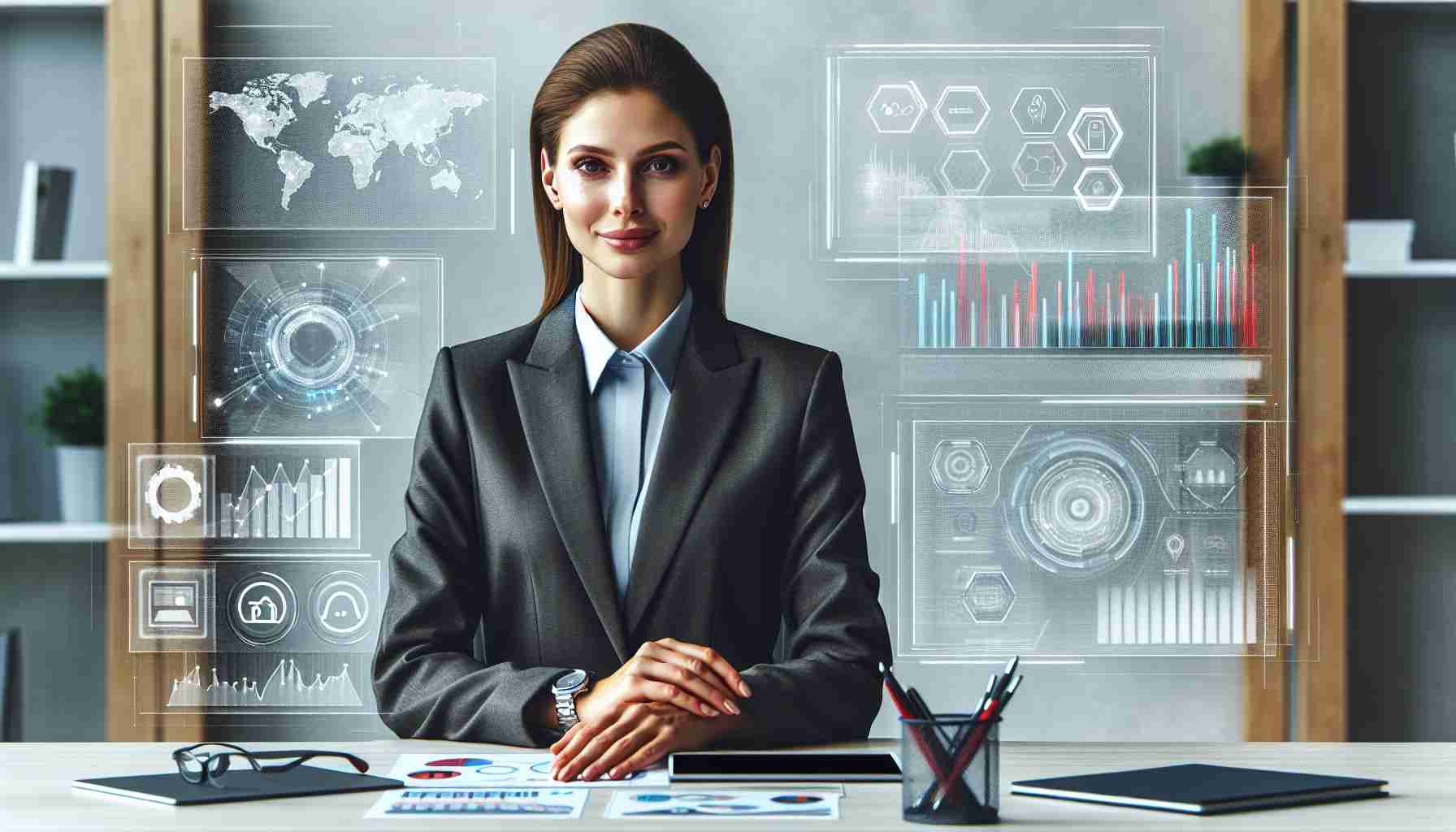 High-definition, realistic photograph of a newly appointed director, a Caucasian female, who is spearheading digital transformation initiatives within the context of small to medium-sized enterprises. The director appears formal and professional, possibly in her office, surrounded by digital interfaces, charts, and other corporate iconography symbolic of her role. The devices around her could be highlighting innovative business models or upcoming digital trends.