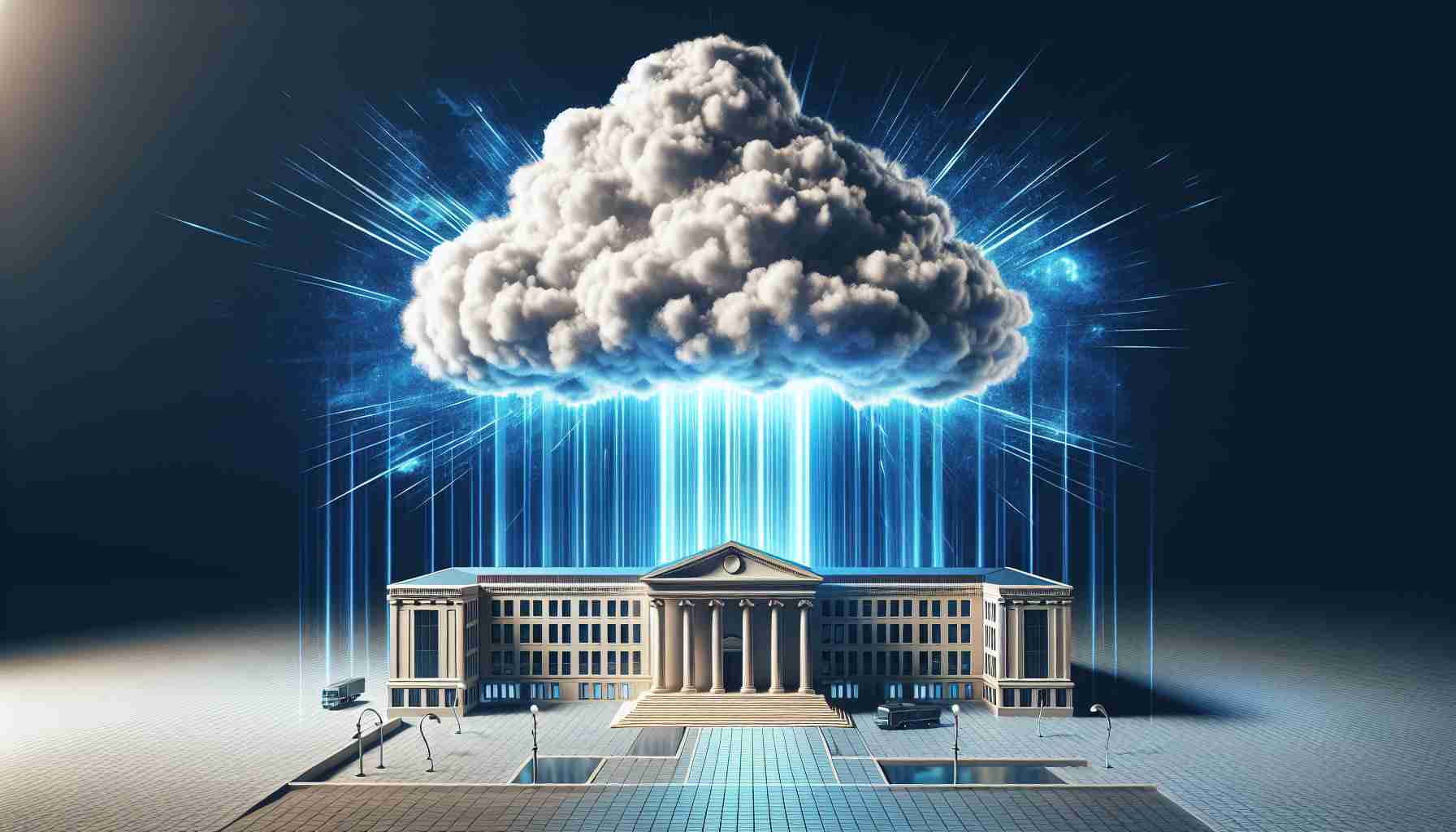 An artistic representation of the concept of a technology company under the scrutiny of antitrust investigations because of its dominance in the domain of cloud computing. The image conceptually shows a large, intimidating cloud, symbolizing the company's dominance, looming over a courthouse or governmental building which represents regulatory authorities. The cloud emits rays of light representing power and influence, while the courthouse seems minuscule in comparison, indicating the immense scale of the company's dominance.