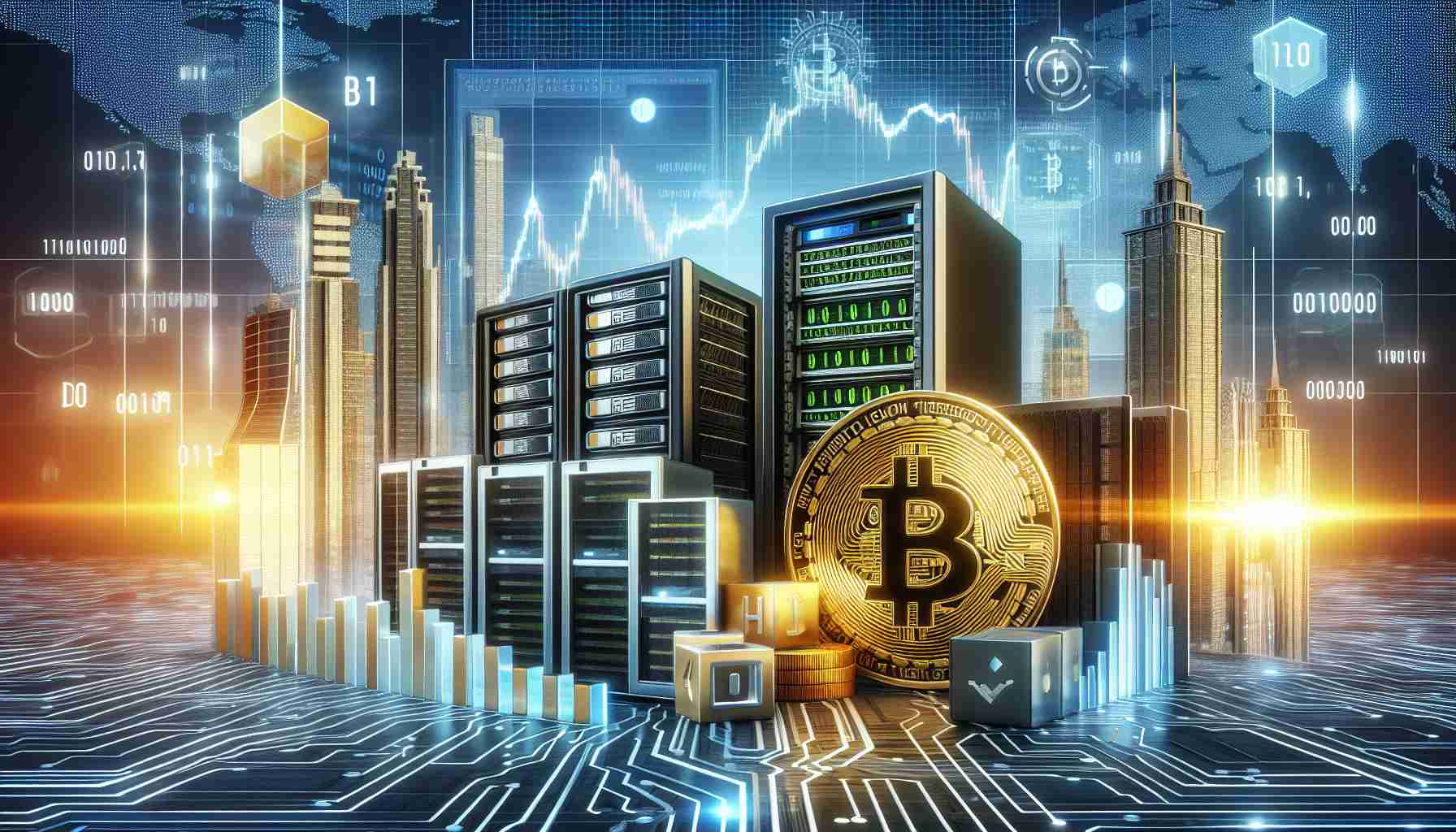 Generate a high-definition realistic image representing the concept of Big Tech's involvement in the Bitcoin investment frontier. The image should depict elements associated with technology and Bitcoin, for instance, binary code, a giant Bitcoin symbol, server racks, computers, and graphs indicating investment growth. The backdrop can be a futuristic cityscape to symbolize the tech industry.